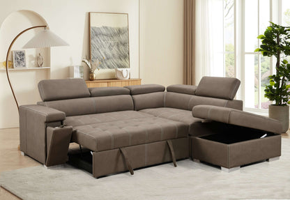 Louie L-Shaped Sofa Bed, Convertible Couch Pullout with Storage Chaise and Adjustable Headrest - Brown