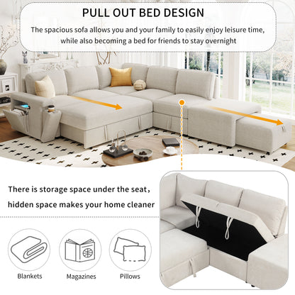 Sleeper Sectional, Sofa L Shape, Couch with Ottoman and Storage, Beige/Gray/Blue