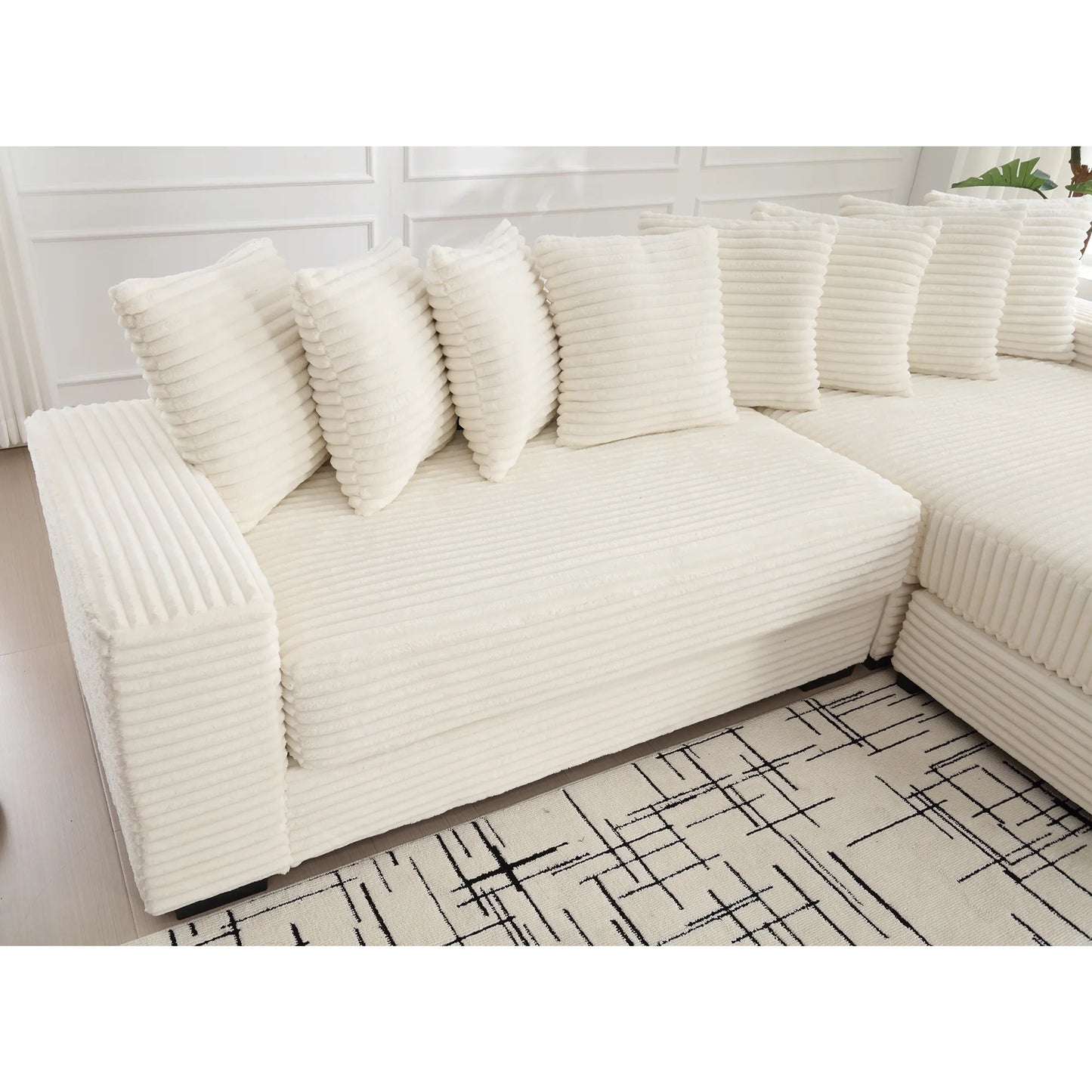 L Shaped Corduroy Couch, Plush Chaise Lounge Sofa, Beige