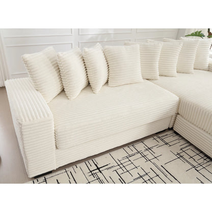 L Shaped Corduroy Couch, Plush Chaise Lounge Sofa, Beige