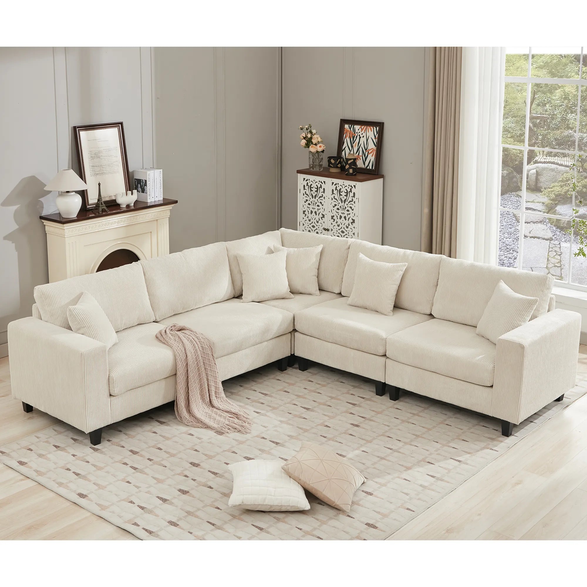 Modular Sectional Sofa, Deep Seat Corduroy Couch, Beige