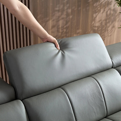 Genuine Leather Recliner Sofa, Modern Couch with Chaise, USB and Adjustable Headrest, Dark Grey