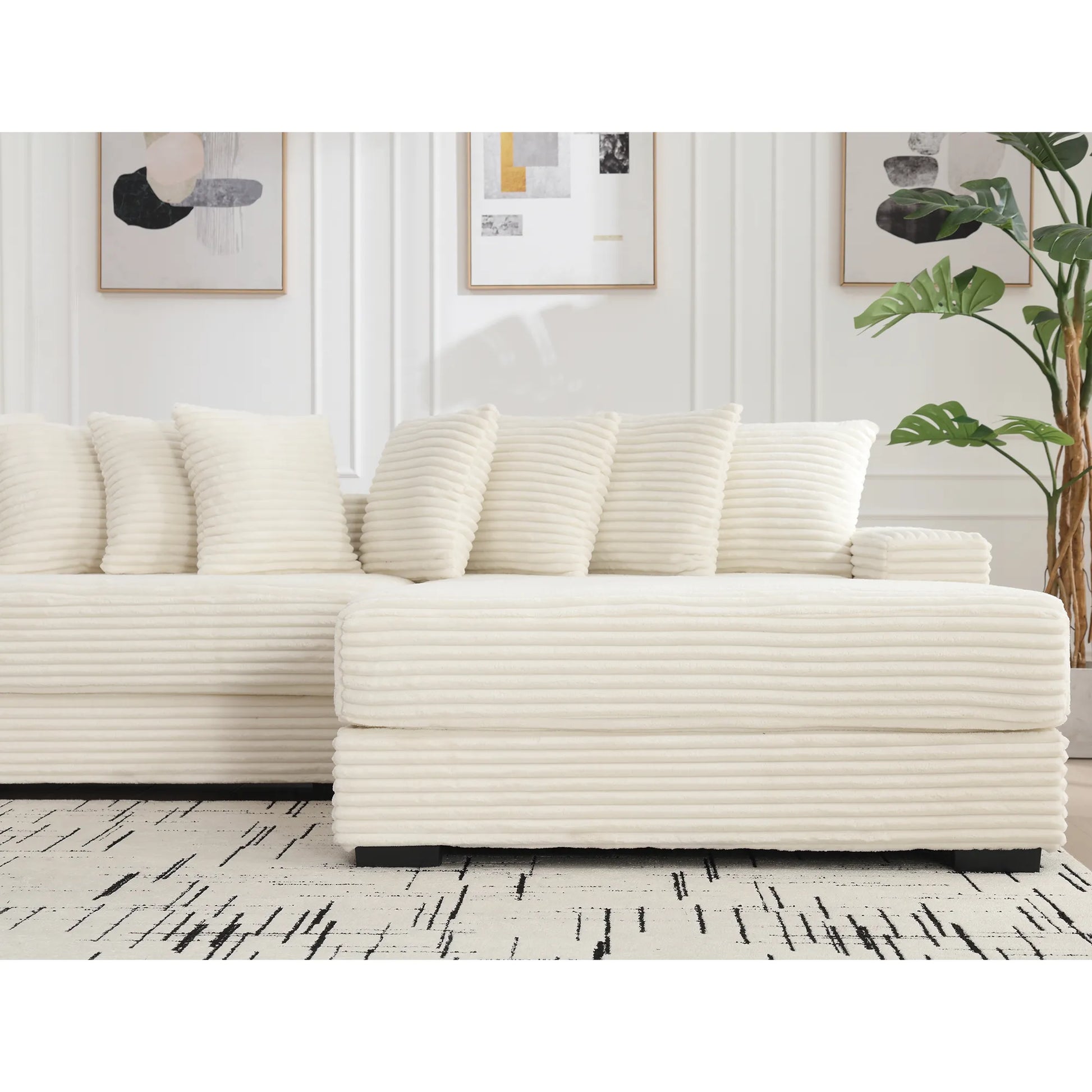 L Shaped Corduroy Couch, Plush Chaise Lounge Sofa, Beige