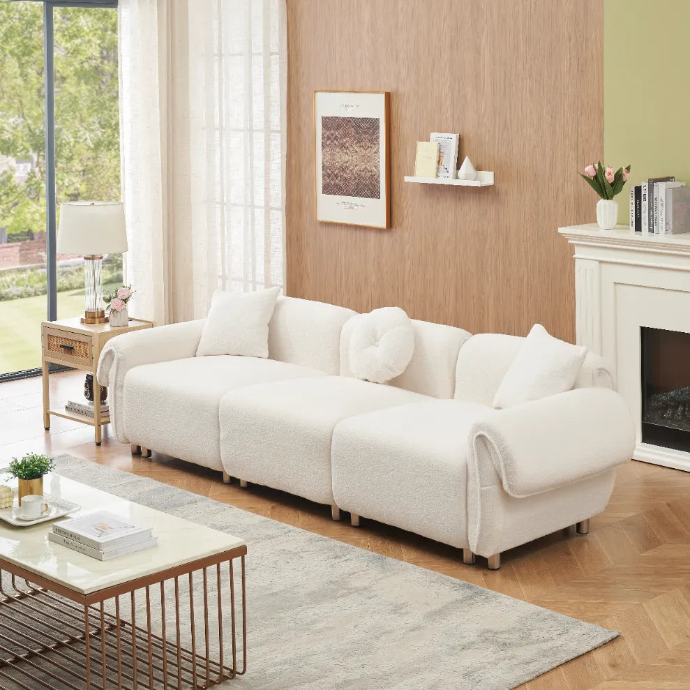 3 Seater Sofa, Plush Upholstered Teddy Velvet Couch, Beige