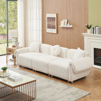 3 Seater Sofa, Plush Upholstered Teddy Velvet Couch, Beige