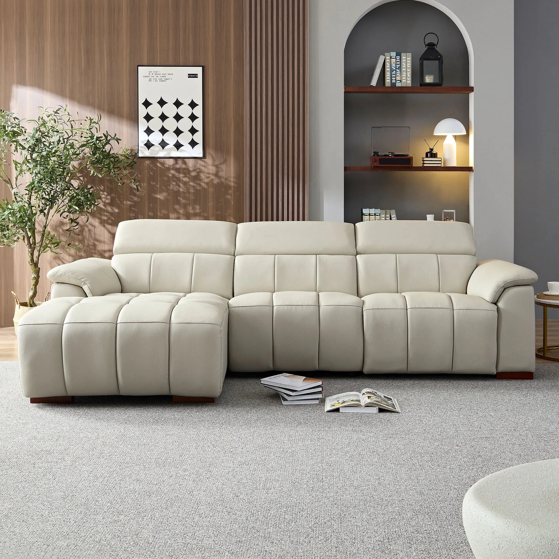Genuine Leather Recliner Sofa, Modern Couch with Chaise, USB and Adjustable Headrest, Light Grey