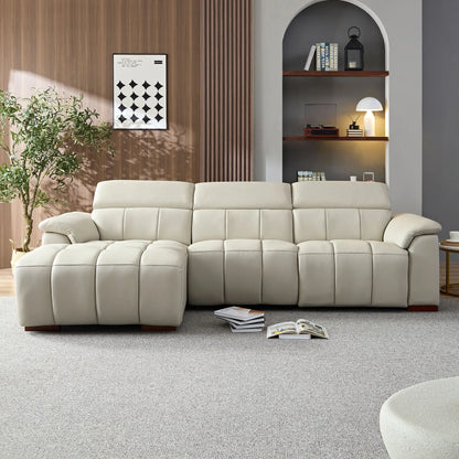 Genuine Leather Recliner Sofa, Modern Couch with Chaise, USB and Adjustable Headrest, Light Grey