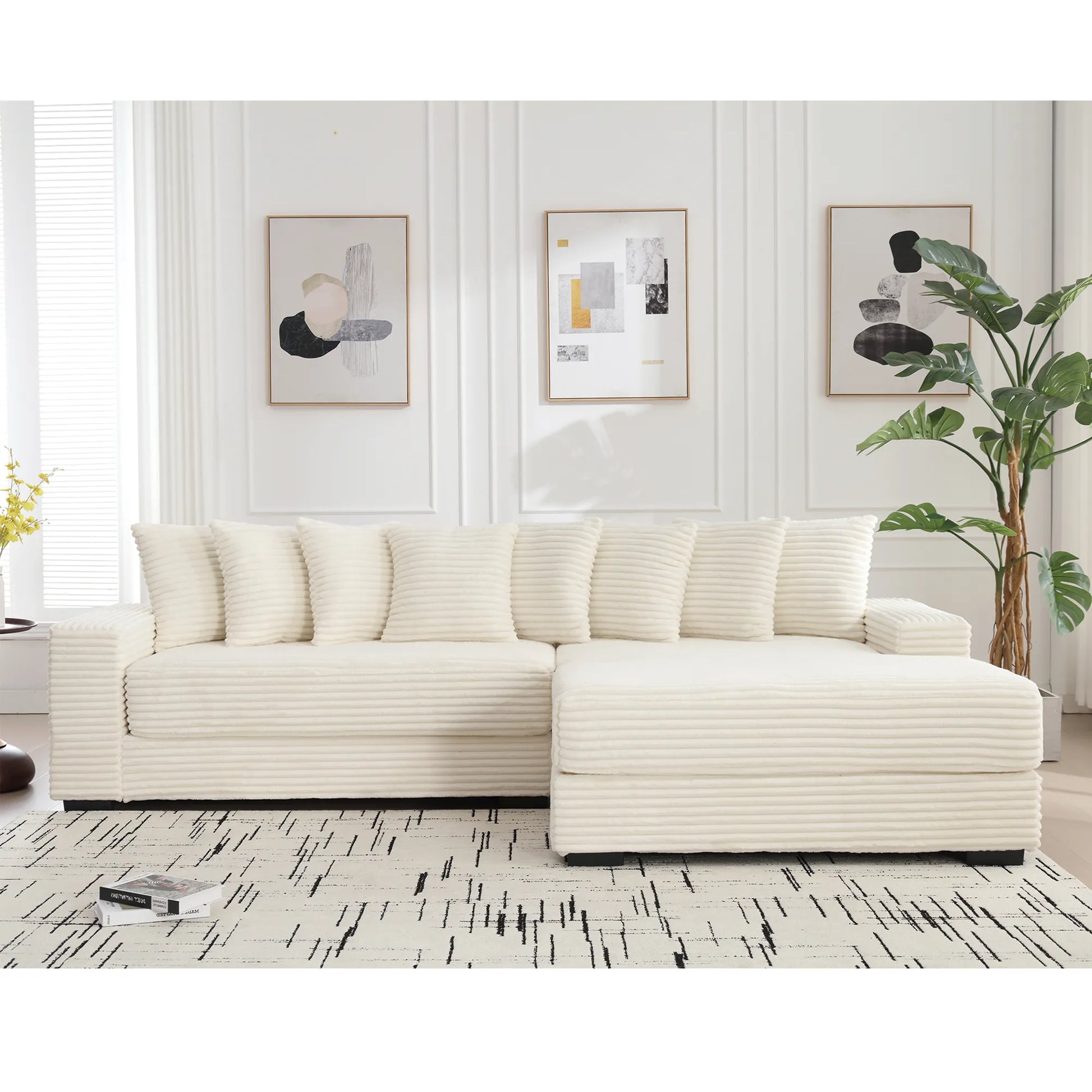 L Shaped Corduroy Couch, Plush Chaise Lounge Sofa, Beige