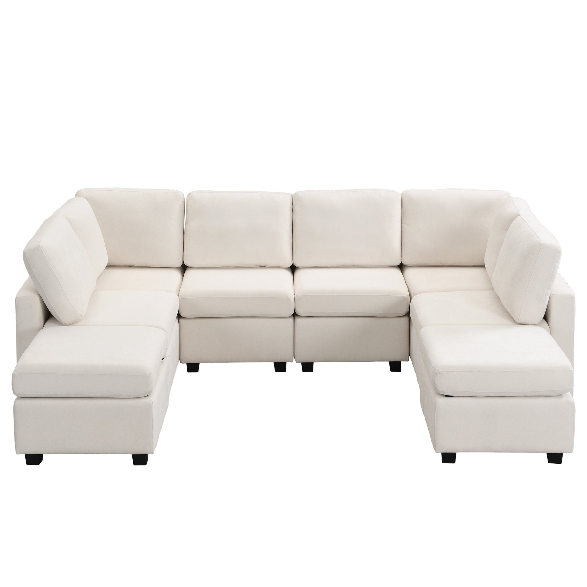U Shaped Couch, Chenille Sectional Sofa with Ottoman, Beige