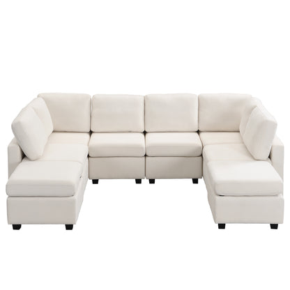 U Shaped Couch, Chenille Sectional Sofa with Ottoman, Beige