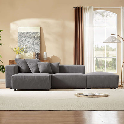 Corduroy Couch, Sofa with Chaise Lounge, 3 Piece - Gray
