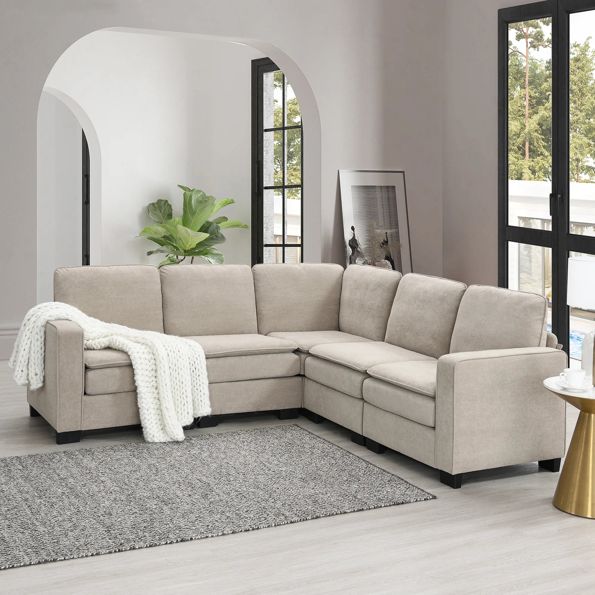 Corner Sectional Sofa, L-Shaped Comfy Couch, Khaki