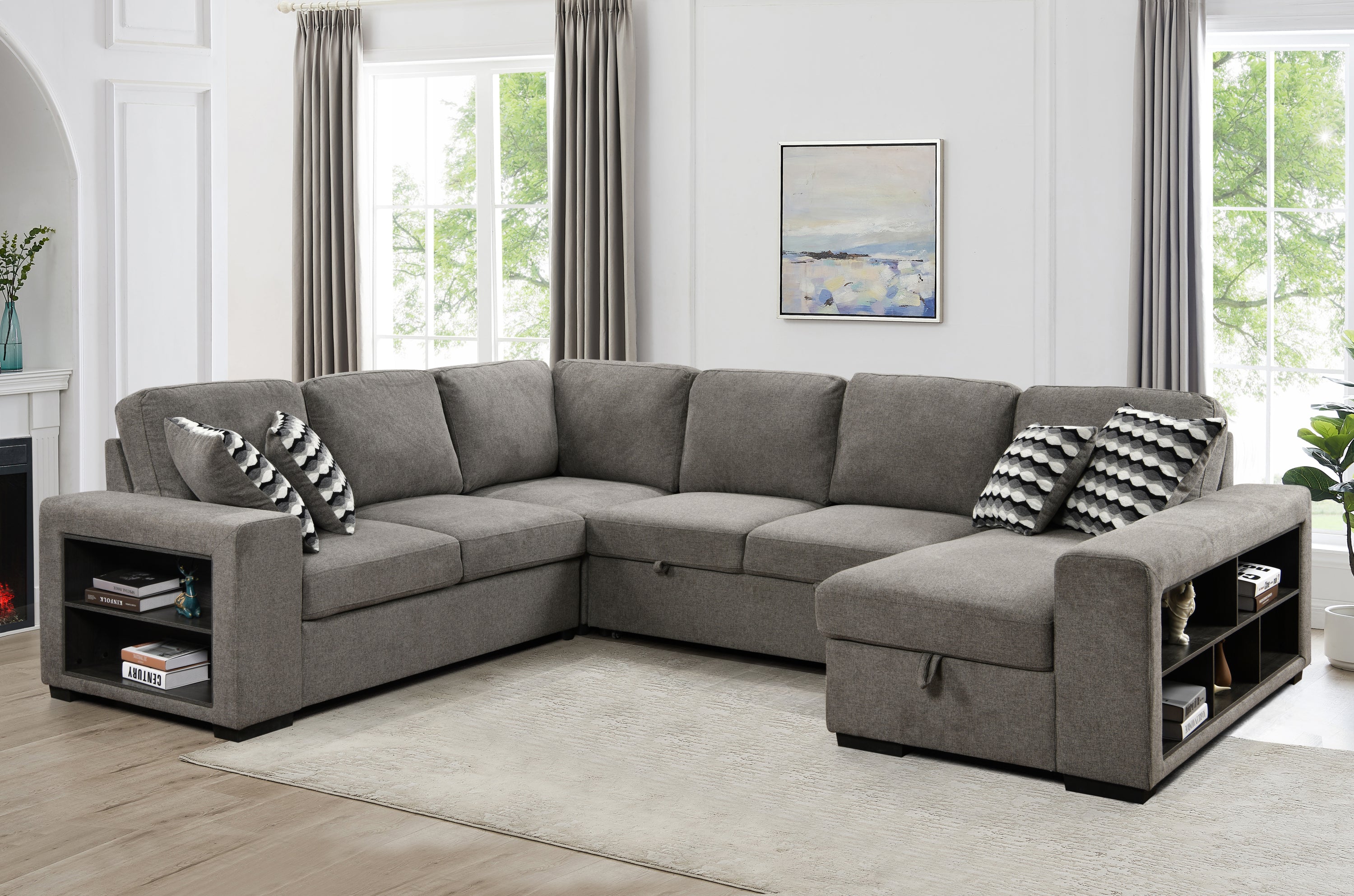 U Shaped Sectional, Sleeper Sofa with Chaise and Storage, Gray