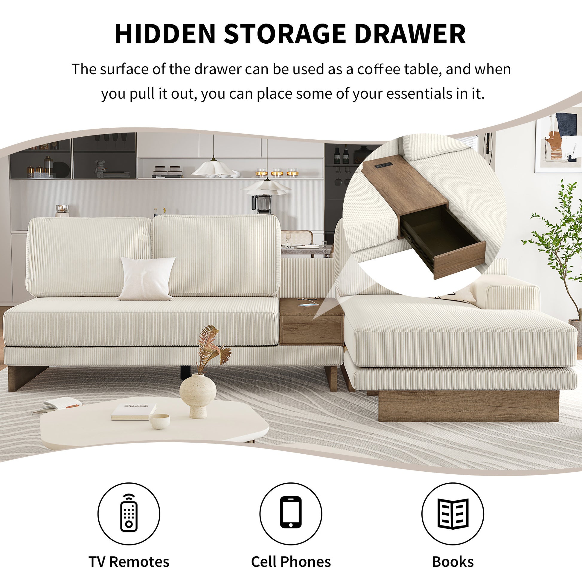 Corduroy Couch, Modern L Shaped Sectional Sofa with Reversible Chaise, Beige