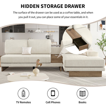 Corduroy Couch, Modern L Shaped Sectional Sofa with Reversible Chaise, Beige