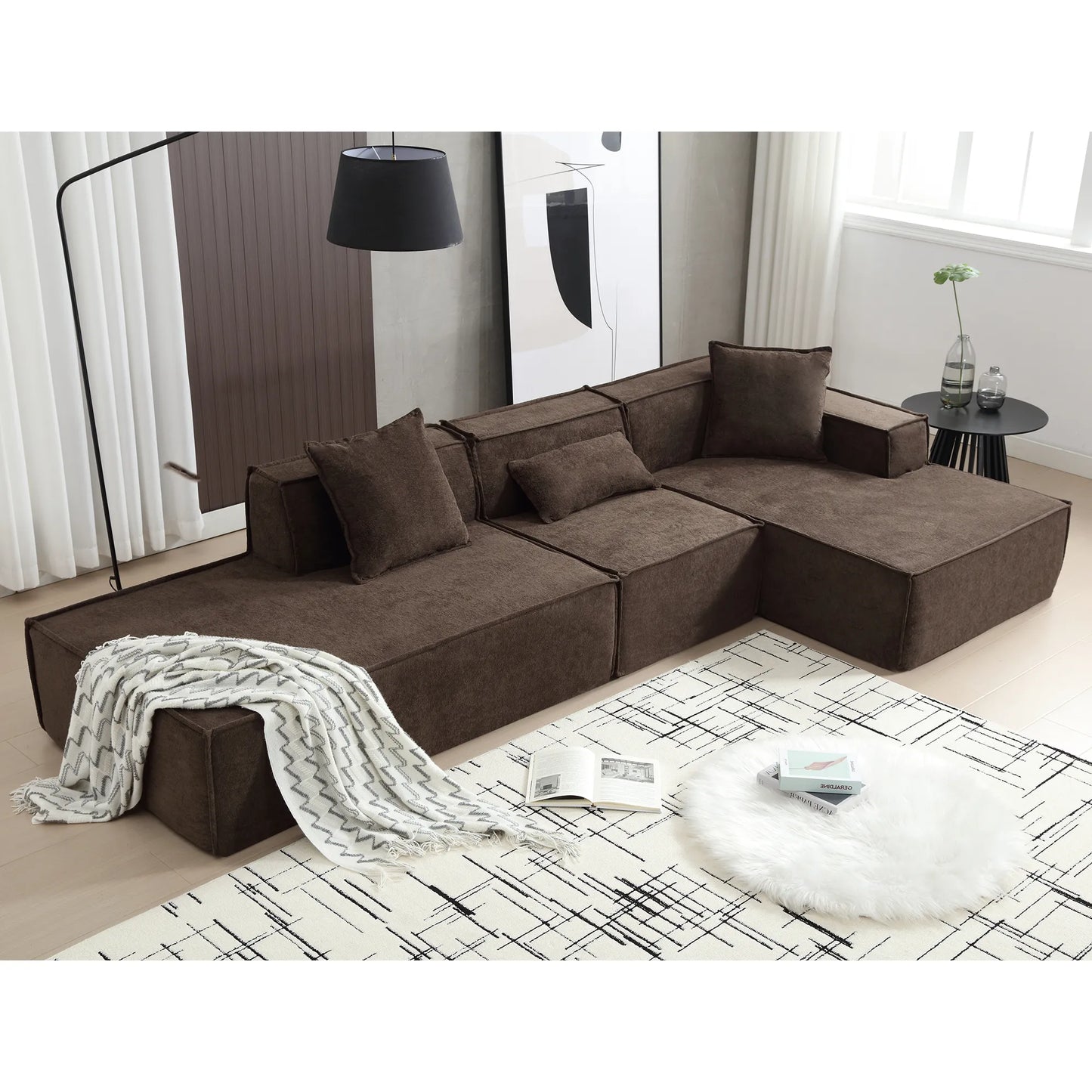 Modular Lounge Sofa, L Shaped Sectional with Chaise, Brown