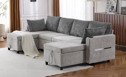 Corduroy Couch with Chaise Sleeper, Sectional Sofa Pull-Out, Grey