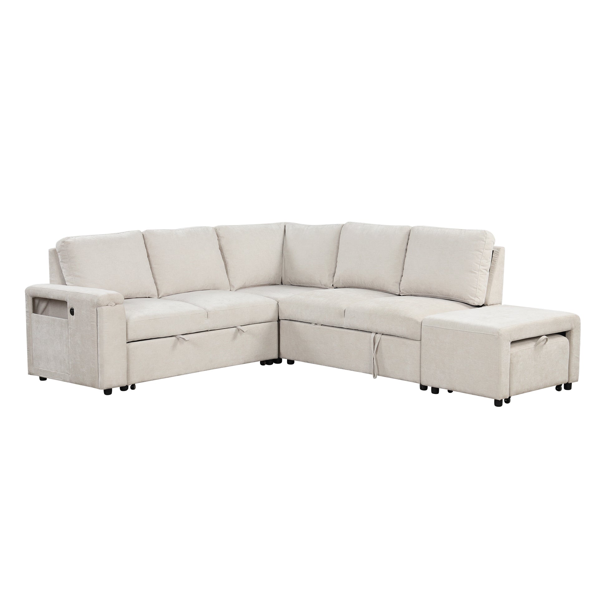Sleeper Sectional, Sofa L Shape, Couch with Ottoman and Storage, Beige