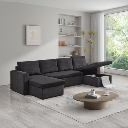 Louie Sofa Chaise Sleeper, Corduroy Couch with Double Chaise Storage - Dark Gray