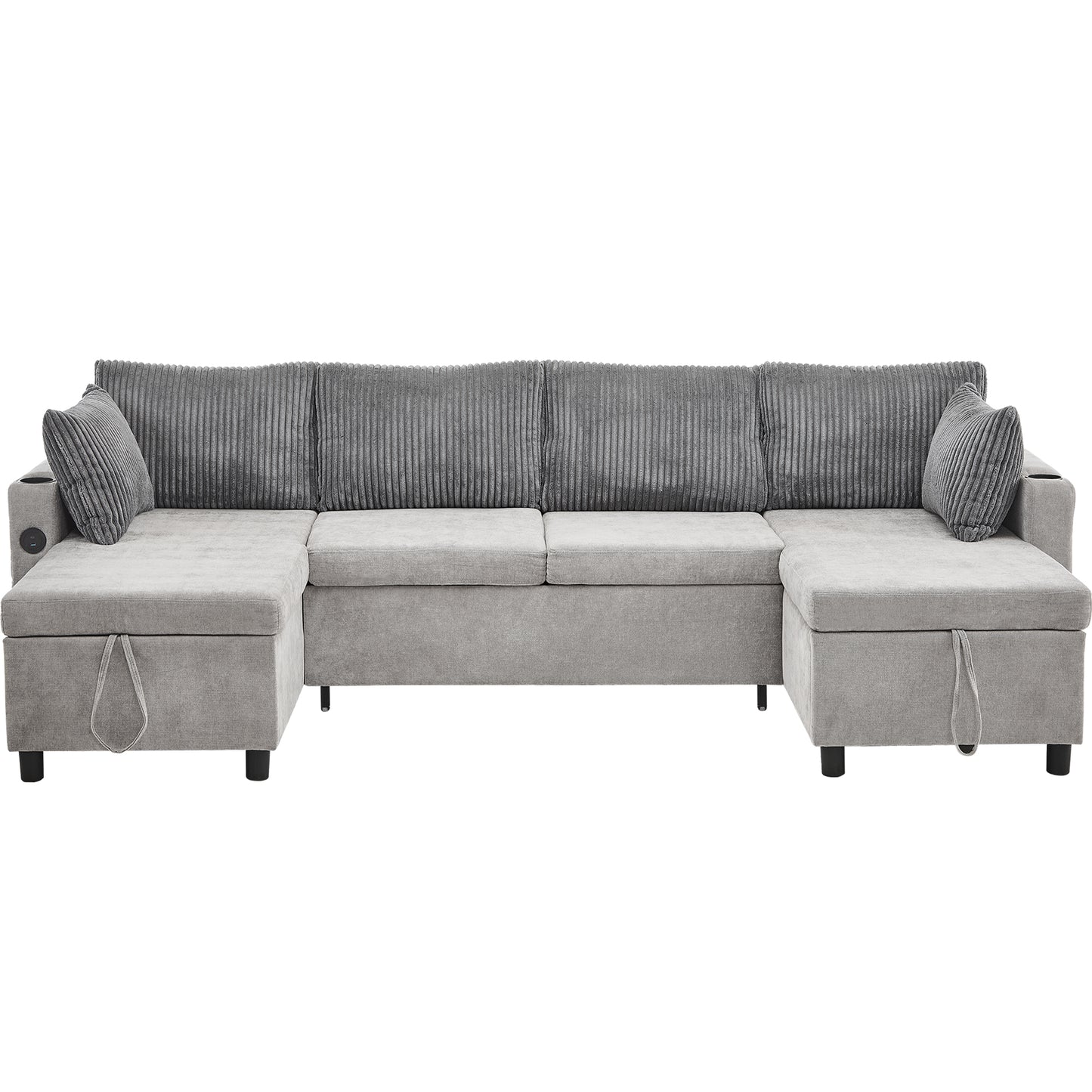 Corduroy Couch with Chaise Sleeper, Sectional Sofa Pull-Out, Grey