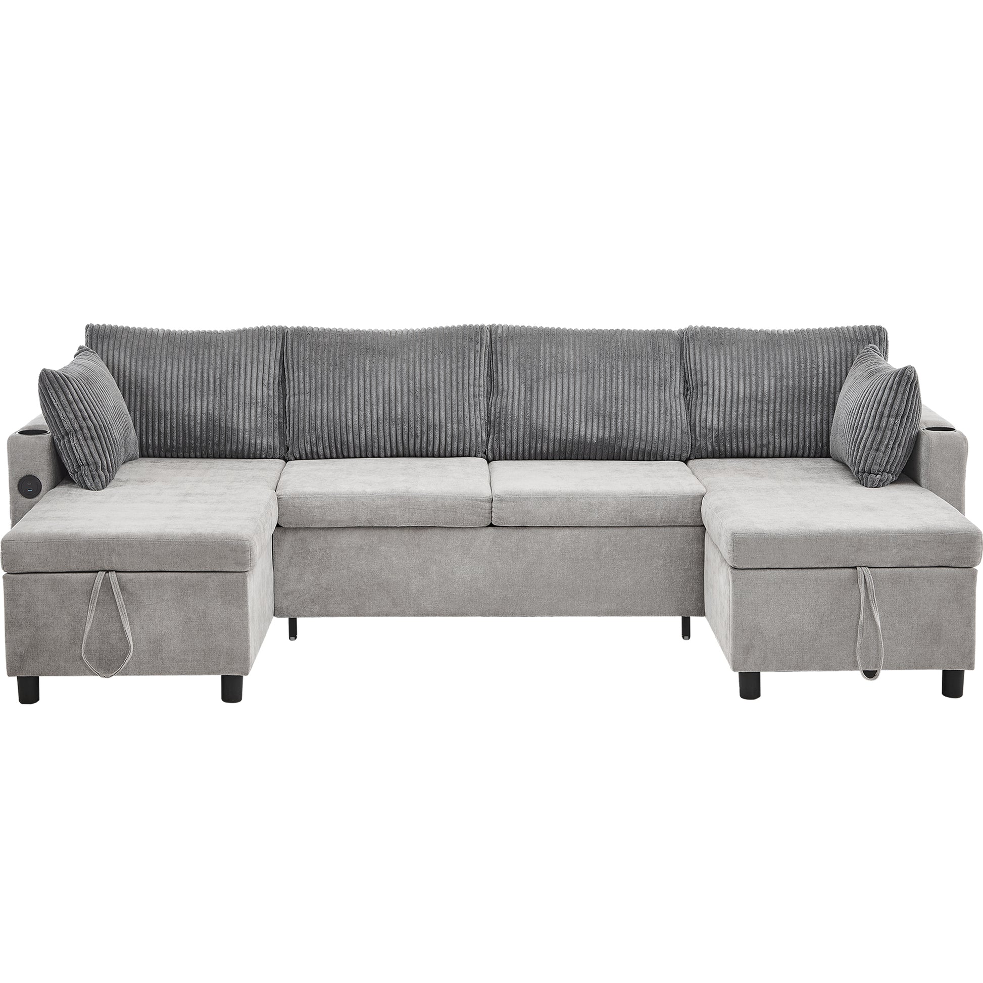 Corduroy Couch with Chaise Sleeper, Sectional Sofa Pull-Out, Grey