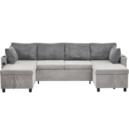 Corduroy Couch with Chaise Sleeper, Sectional Sofa Pull-Out, Grey