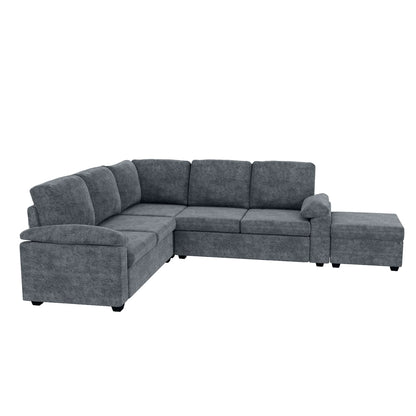 Modern L-Shape Velvet Sectional Sofa, Corner Couch with Ottoman, Grey