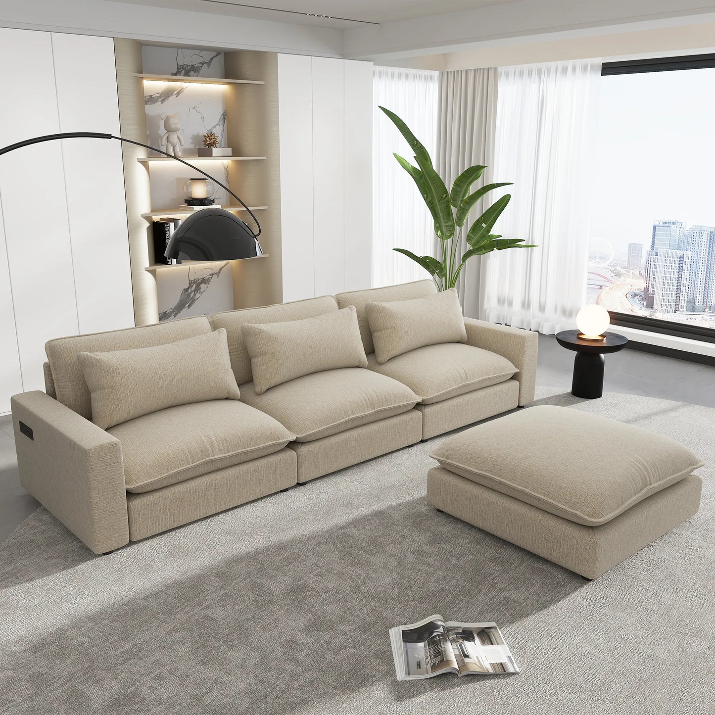 Comfy Sectional Cloud Couch, Chenille Sofa with Ottoman, Beige
