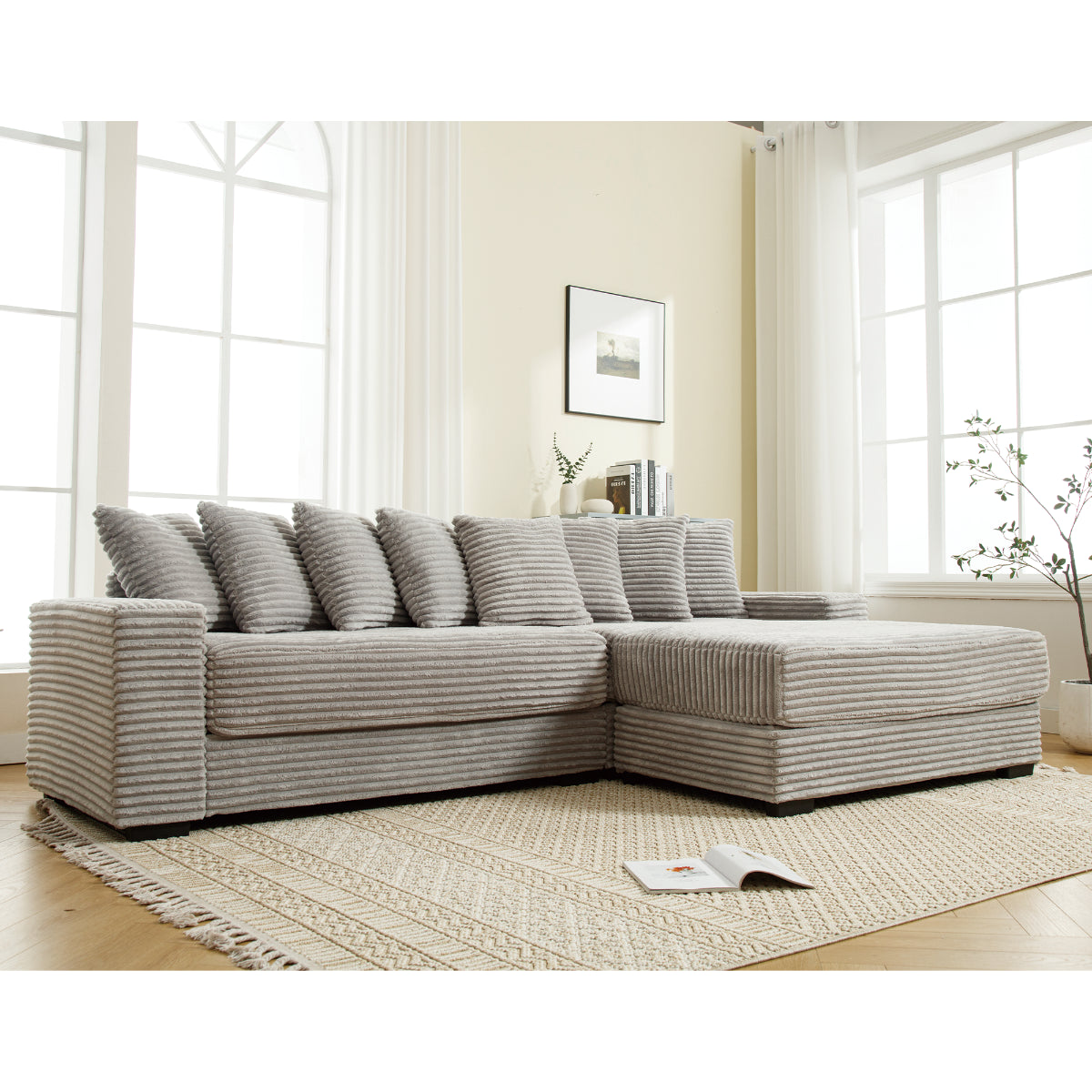 L Shaped Corduroy Couch, Plush Chaise Lounge Sofa, Gray