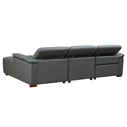 Genuine Leather Recliner Sofa, Modern Couch with Chaise, USB and Adjustable Headrest, Dark Grey