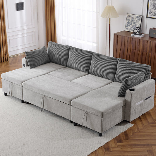 Corduroy Couch with Chaise Sleeper, Sectional Sofa Pull-Out, Grey