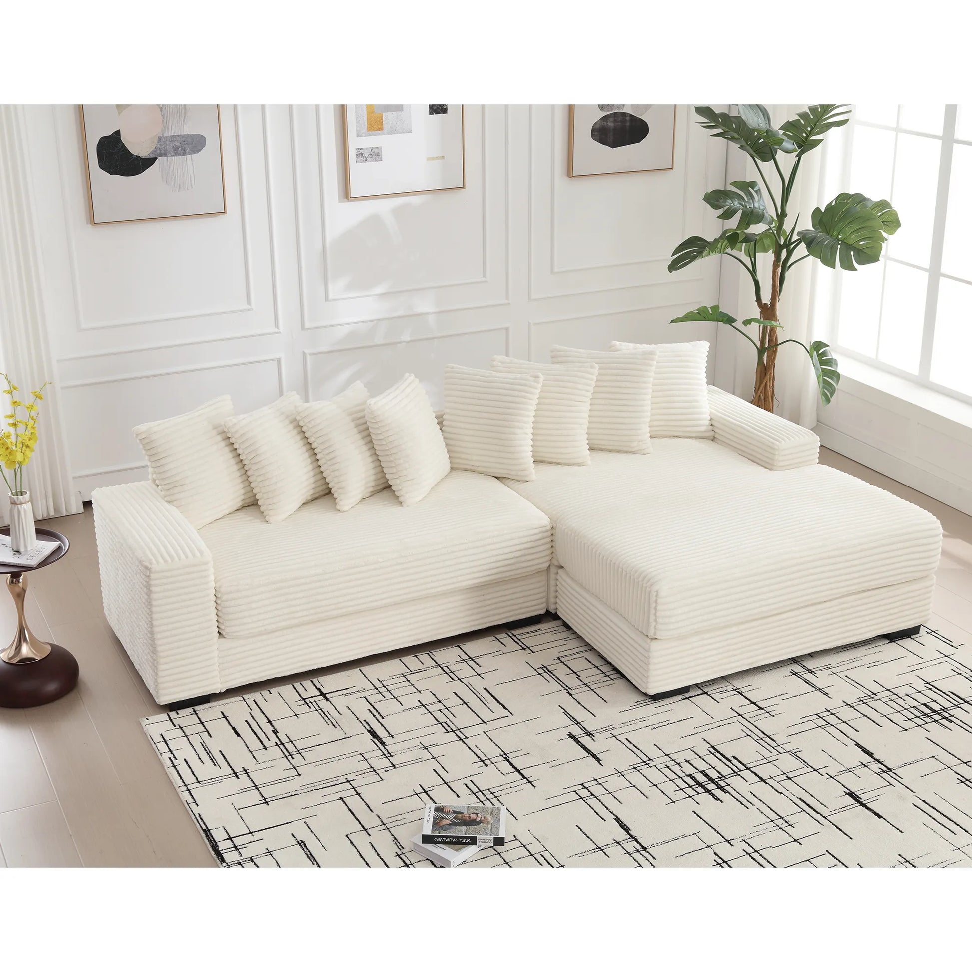 L Shaped Corduroy Couch, Plush Chaise Lounge Sofa, Beige