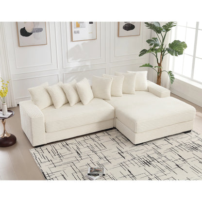 L Shaped Corduroy Couch, Plush Chaise Lounge Sofa, Beige