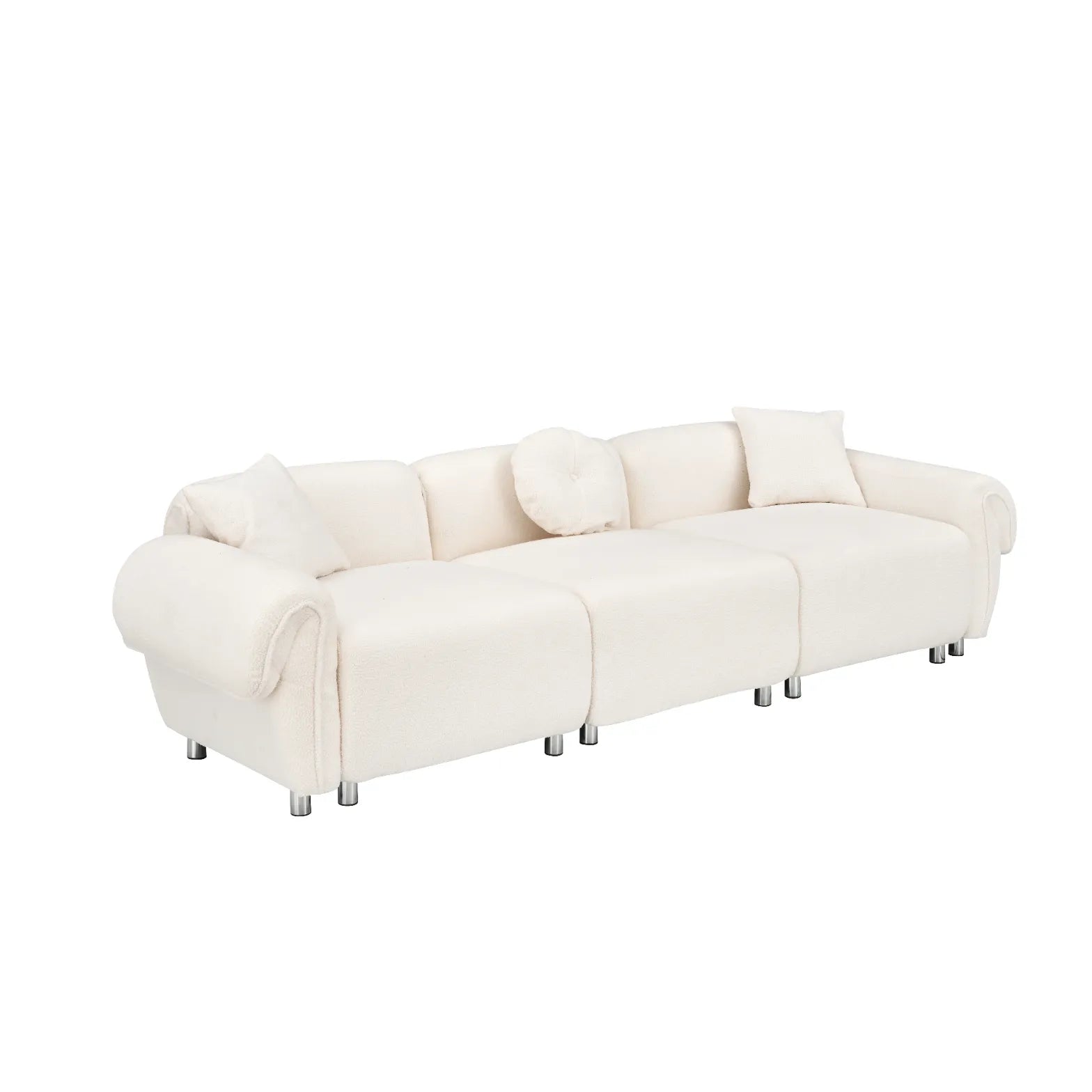 3 Seater Sofa, Plush Upholstered Teddy Velvet Couch, Beige