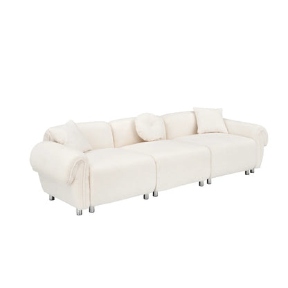 3 Seater Sofa, Plush Upholstered Teddy Velvet Couch, Beige