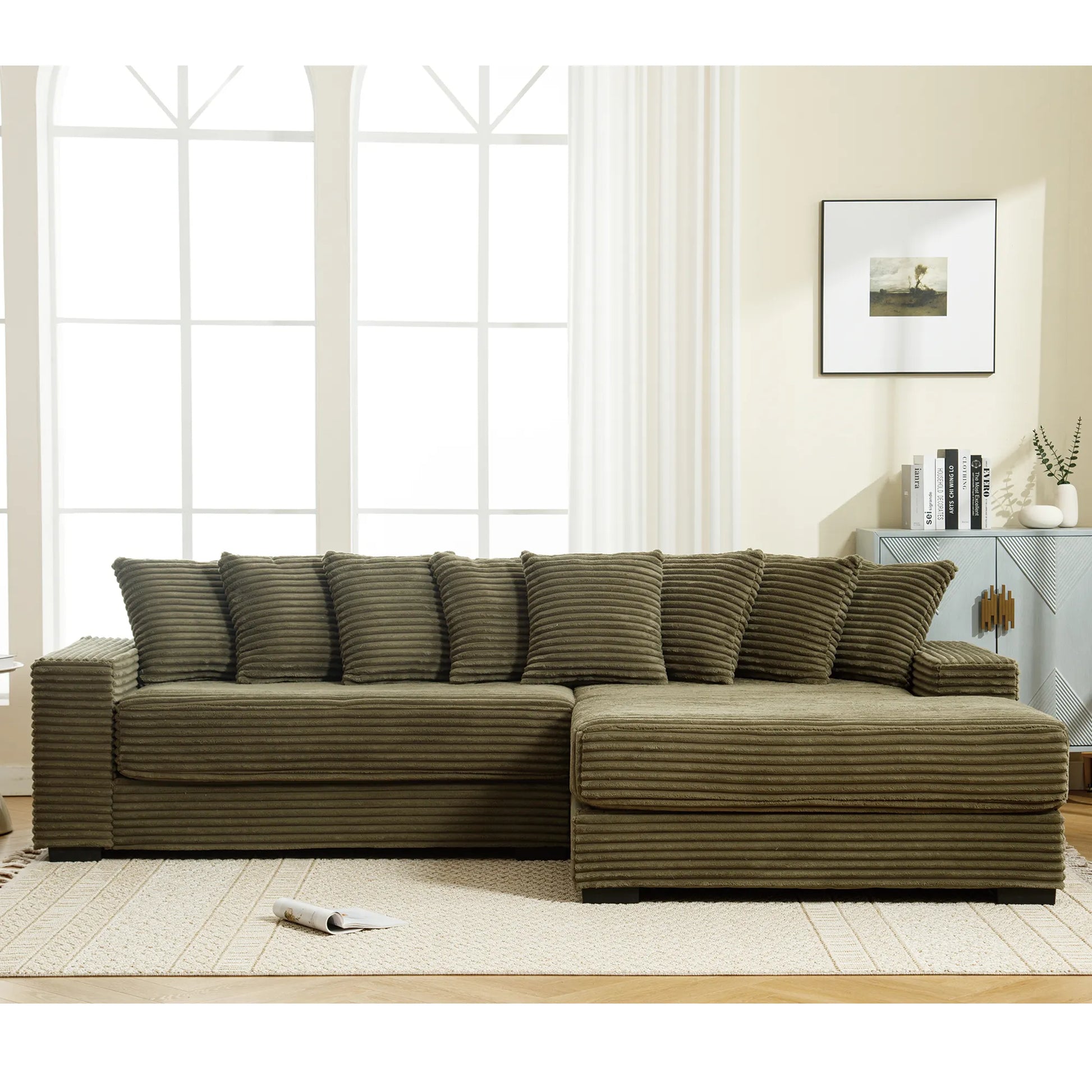L Shaped Corduroy Couch, Plush Chaise Lounge Sofa, Green
