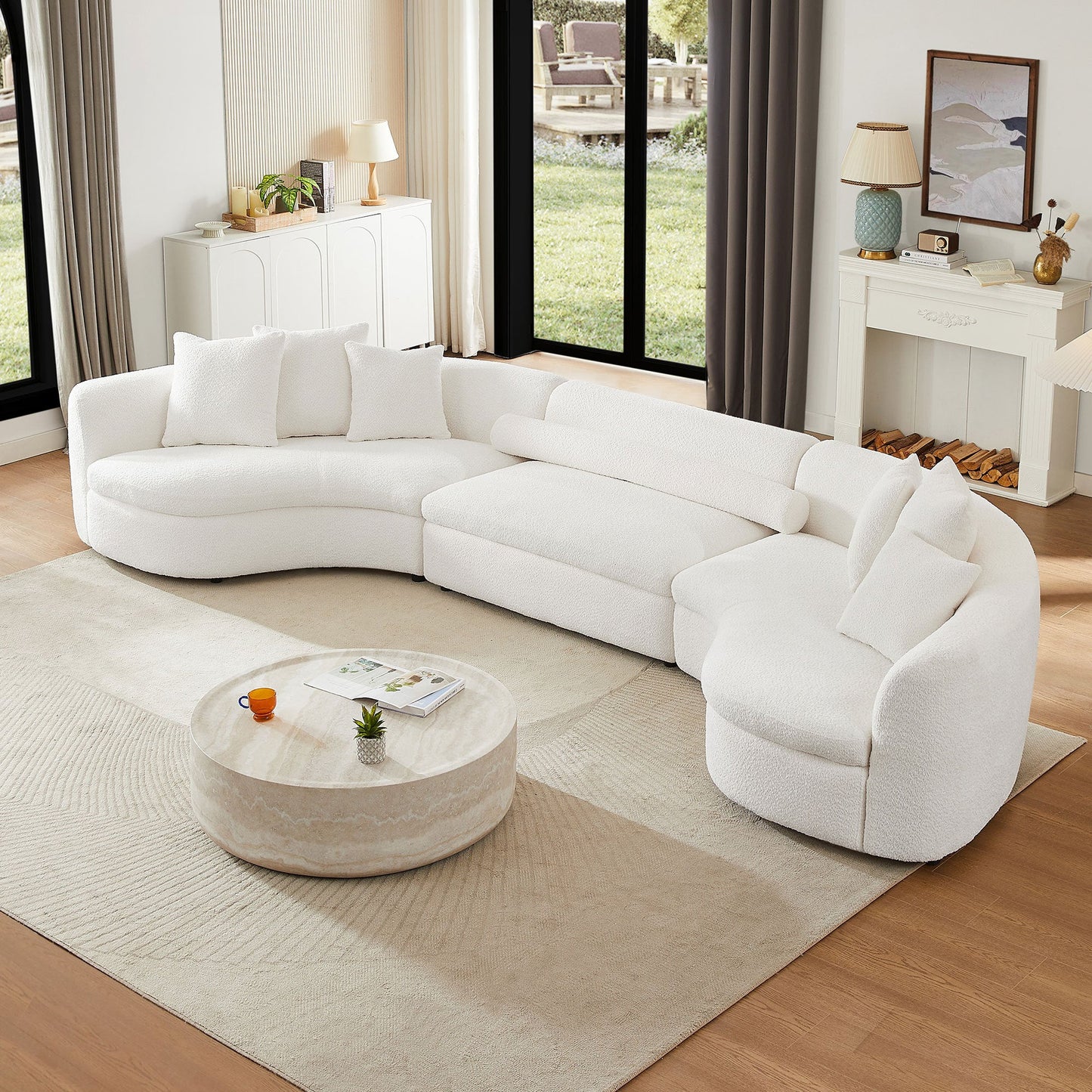 Modern Large Sectional Couch, Upholstered Curved Sofa, White