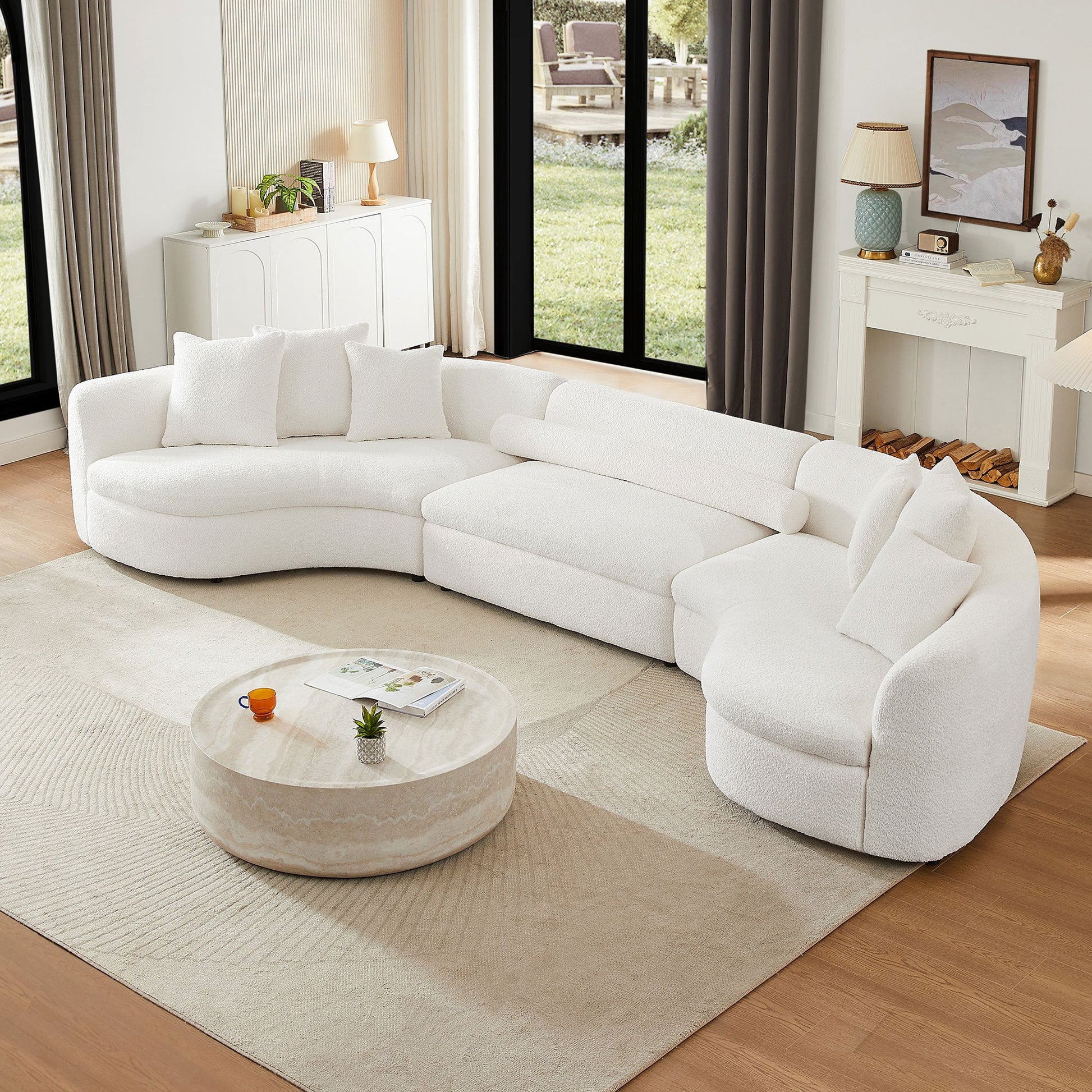 Modern Large Sectional Couch, Upholstered Curved Sofa, White