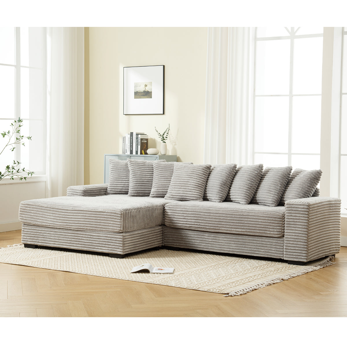 L Shaped Corduroy Couch, Plush Chaise Lounge Sofa, Gray