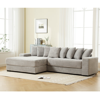 L Shaped Corduroy Couch, Plush Chaise Lounge Sofa, Gray