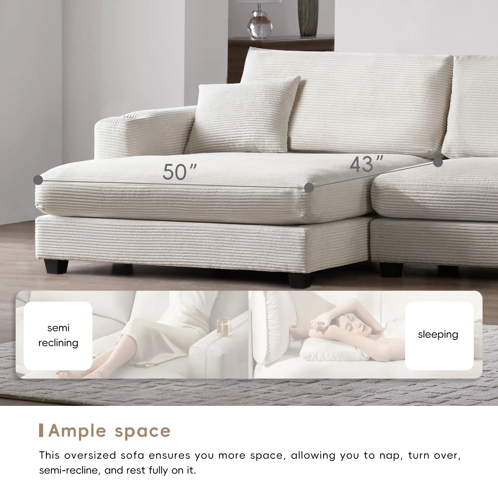 Deep Seat Corduroy Sofa, Large Sectional Couch with Chaise, Beige