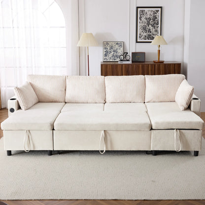 Corduroy Couch with Chaise Sleeper, Sectional Sofa Pull-Out, Beige