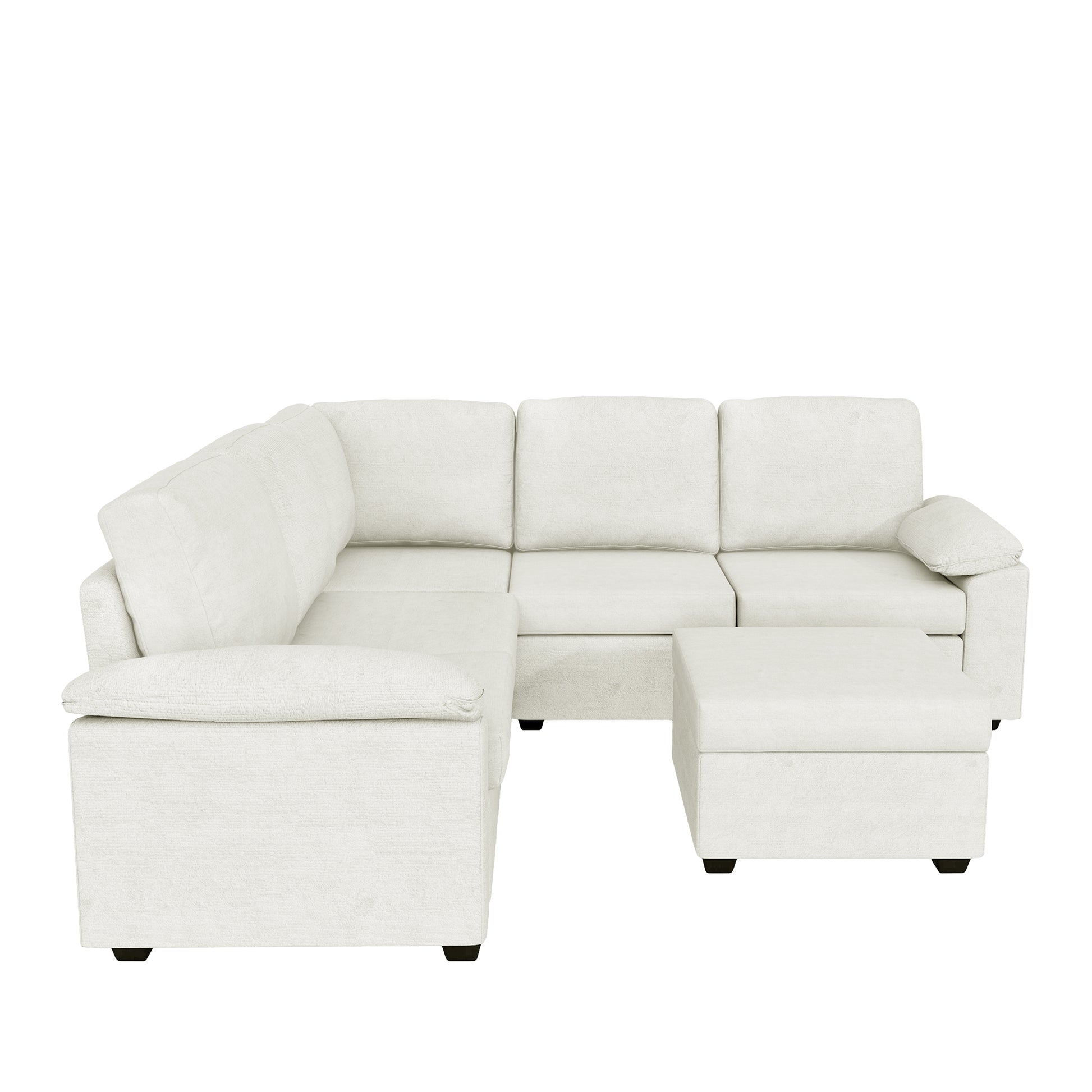 Modern L-Shape Velvet Sectional Sofa, Corner Couch with Ottoman, Beige