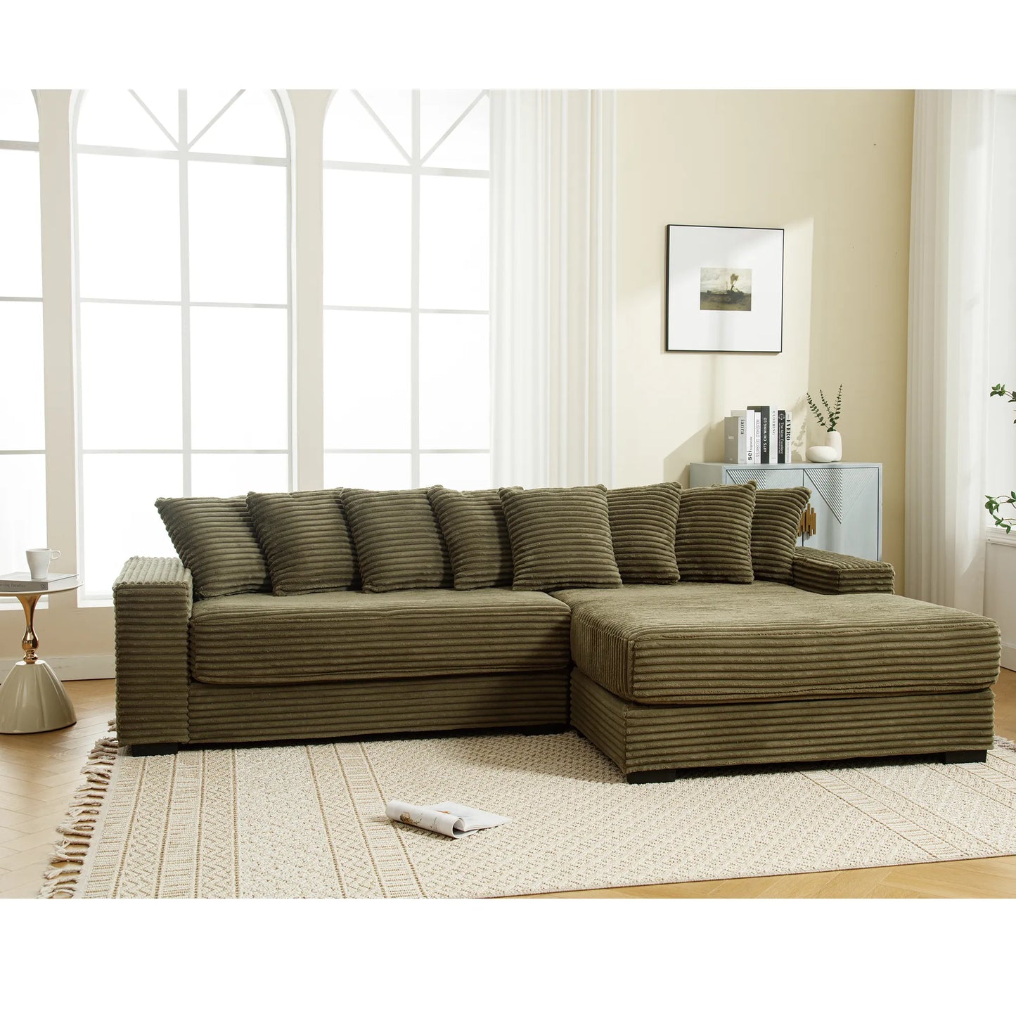 L Shaped Corduroy Couch, Plush Chaise Lounge Sofa, Green