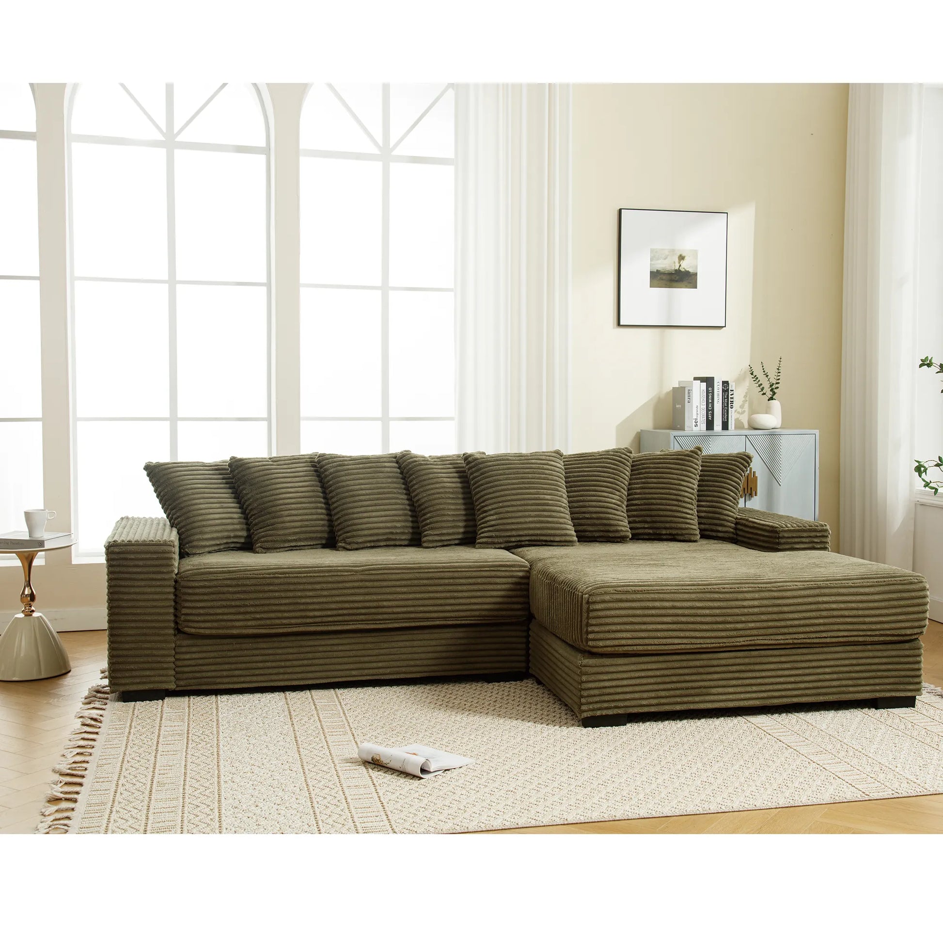 L Shaped Corduroy Couch, Plush Chaise Lounge Sofa, Green