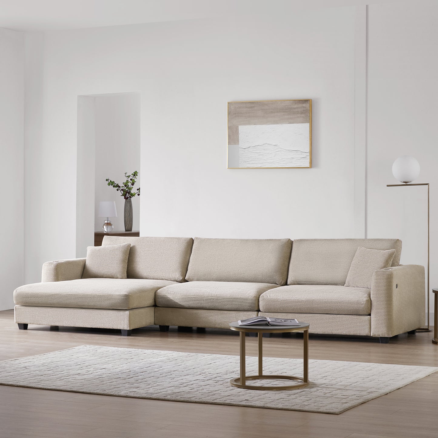 Deep Seat Corduroy Sofa, Large Sectional Couch with Chaise, Khaki