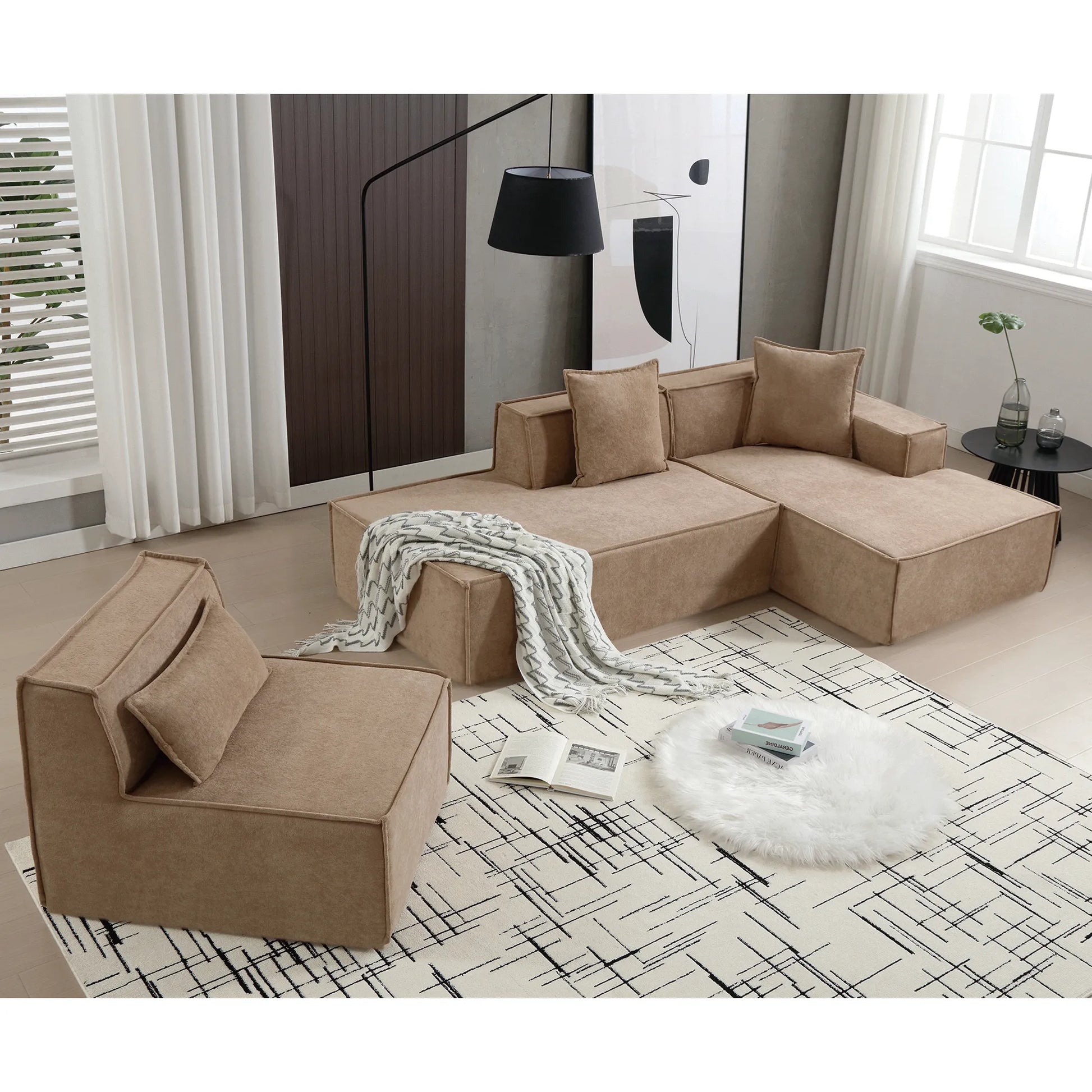 Modular Lounge Sofa, L Shaped Sectional with Chaise, Light Brown