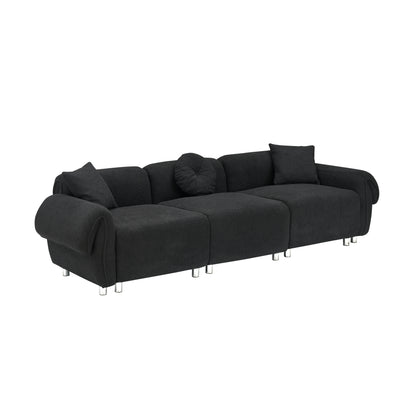 3 Seater Sofa, Plush Upholstered Teddy Velvet Couch, Black