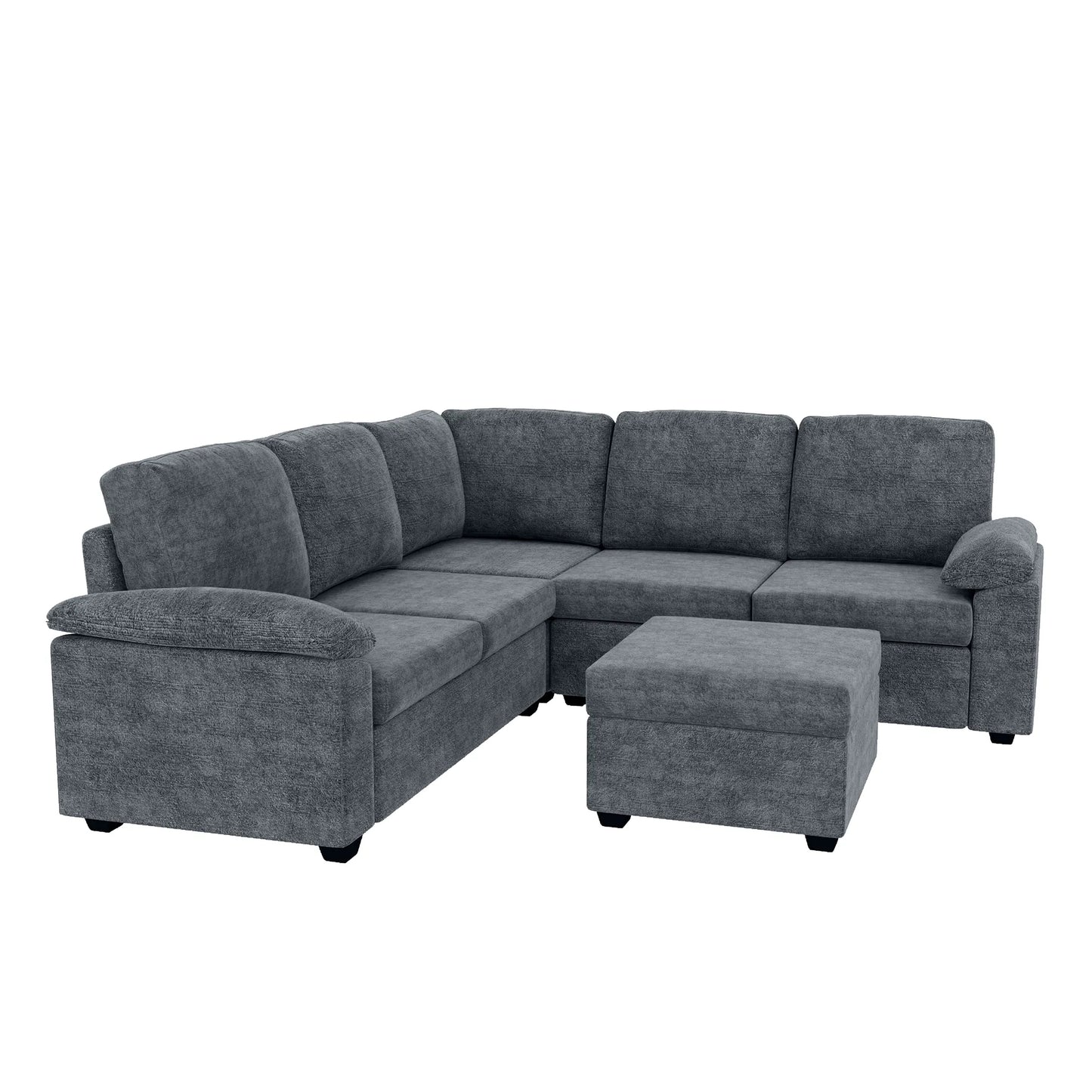 Modern L-Shape Velvet Sectional Sofa, Corner Couch with Ottoman, Grey