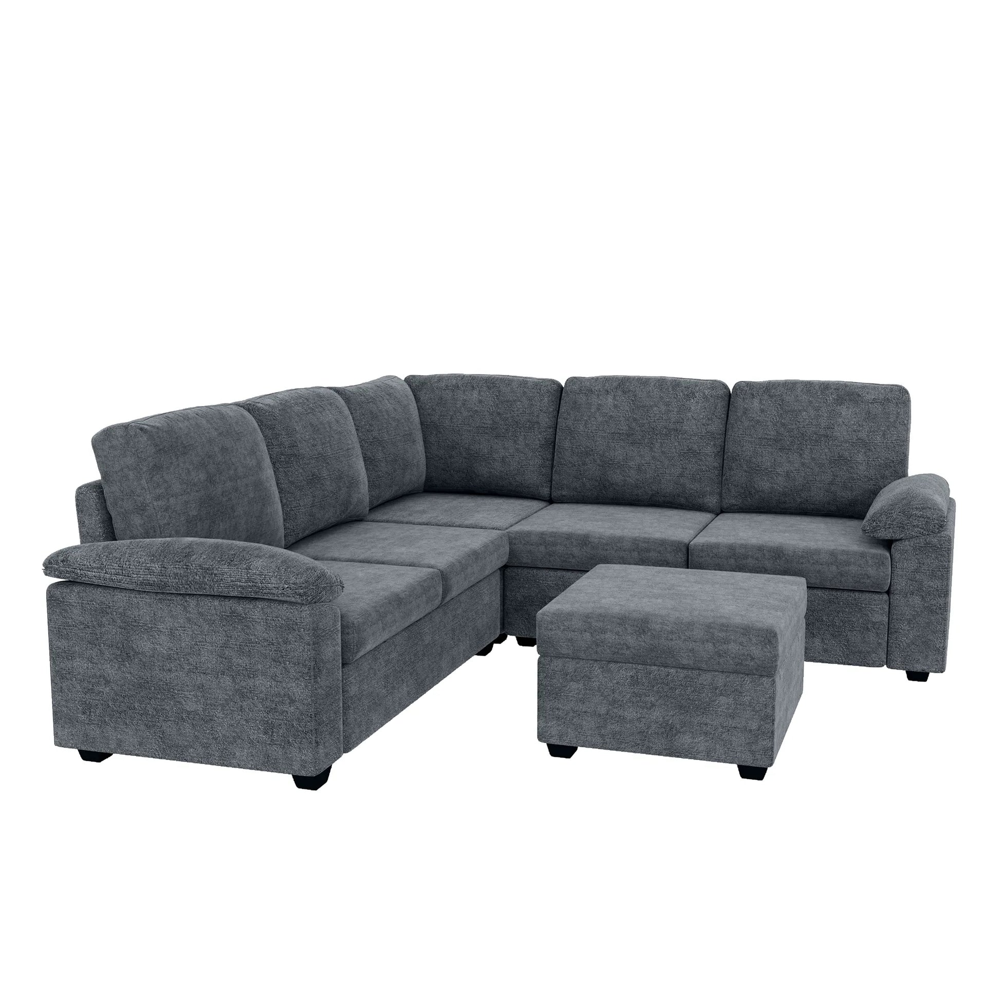 Modern L-Shape Velvet Sectional Sofa, Corner Couch with Ottoman, Grey